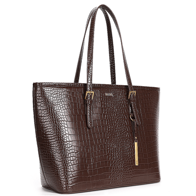 Bolsa Shopper Universitária Grande Texturizada Croco Marrom com Detalhes Dourados