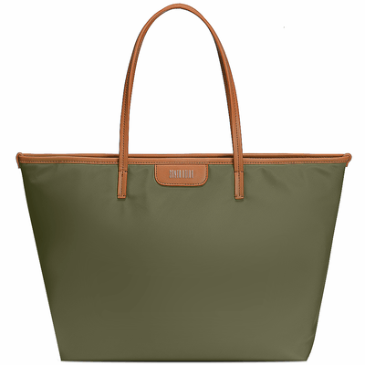 Bolsa Shopper Universitária Grande de Nylon Verde Militar com Alça Marrom