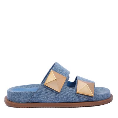 Sandália Papete Tiras com Maxi Studs no Cabedal Azul Jeans Denim