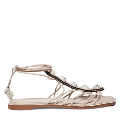 Sandália Rasteira Off White Couro Bico Quadrado Amarração