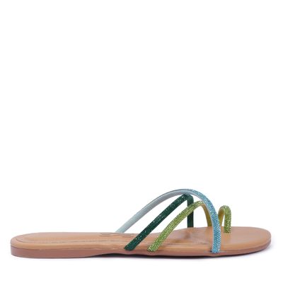 Rasteira Cristal Verde Tiras Strass
