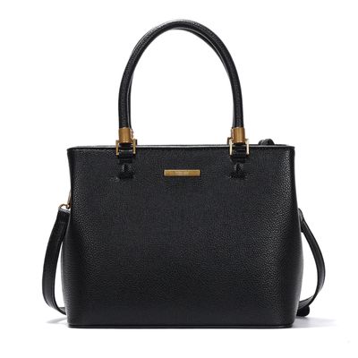 Bolsa Estruturada Média Lisa Transversal Preta com Detalhes Dourados