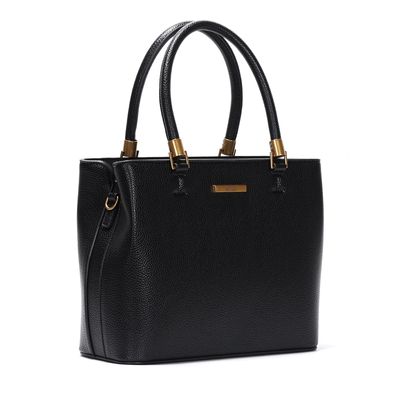 Bolsa Estruturada Média Lisa Transversal Preta com Detalhes Dourados