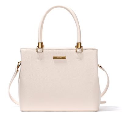 Bolsa Estruturada Média Lisa Transversal Off White com Detalhes Dourados