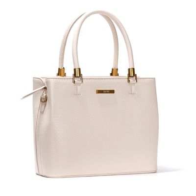 Bolsa Estruturada Média Lisa Transversal Off White com Detalhes Dourados