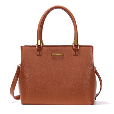 Bolsa Estruturada Média Lisa Transversal Marrom com Detalhes Dourados