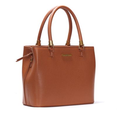 Bolsa Estruturada Média Lisa Transversal Marrom com Detalhes Dourados
