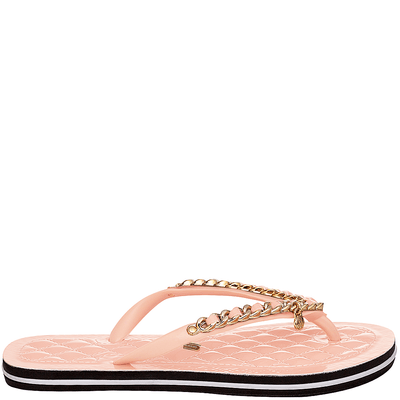 Chinelo Flip Flop de Sola Matelassê Verniz Bege Nude Rosado com Corrente Dourada