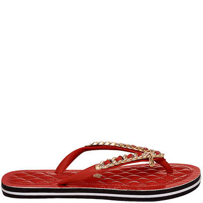 Chinelo Flip Flop de Sola Matelassê Verniz Vermelho Escuro com Corrente Dourada