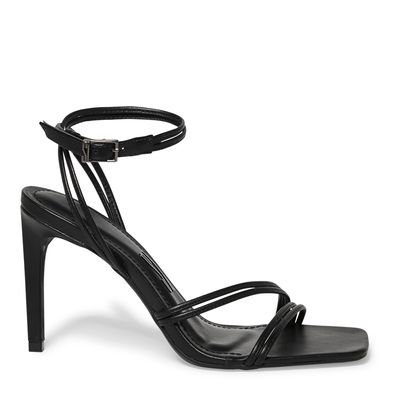 Sandália Napa Preta Salto Fino Bico Quadrado