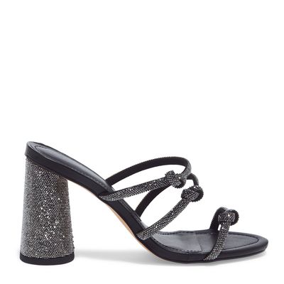Mule Tiras de Brilho Salto Alto Preto