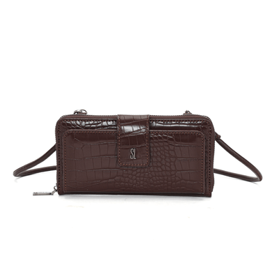 Bolsa Carteira Marrom Escuro Croco Alça de Ombro