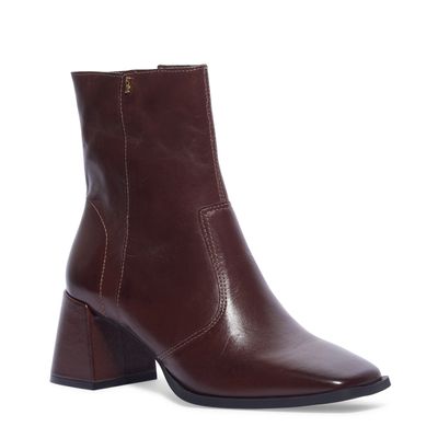 Bota Couro Marrom Bico Quadrado Salto Bloco