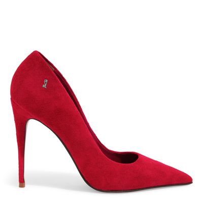 Scarpin Couro Camurça Salto Fino Vermelho Rubi