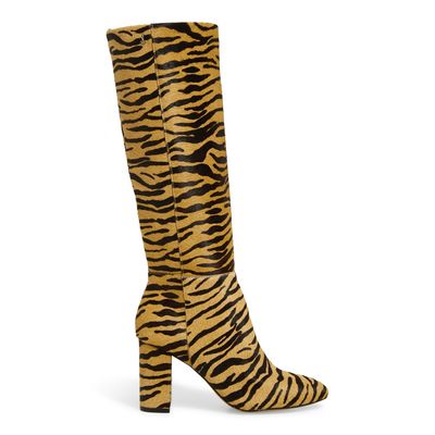 Bota Animal Print Tigre Couro Cano Alto Salto Grosso