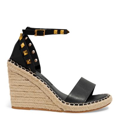 Espadrille Couro Preto Salto Alto Anabela
