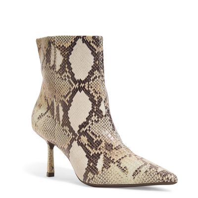Bota Cano Baixo Couro Estampa Animal Print Cobra Bico Fino