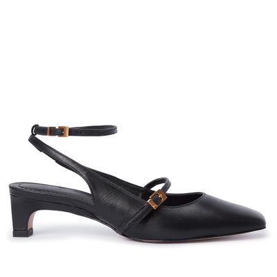 Scarpin Slingback Preto Salto Baixo Tiras