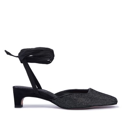 Scarpin Slingback Preto Salto Baixo Amarração