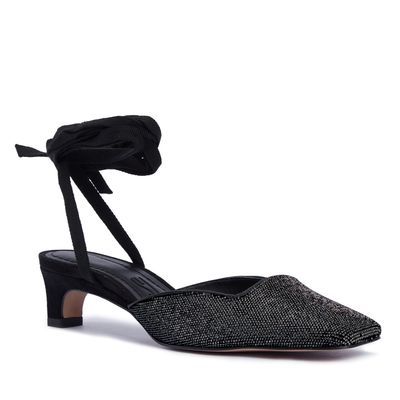 Scarpin Slingback Preto Salto Baixo Amarração
