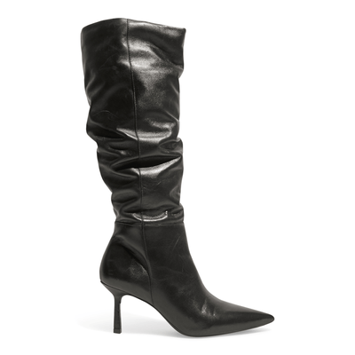 Bota Couro Pelica Cano Alto Preto Salto Fino