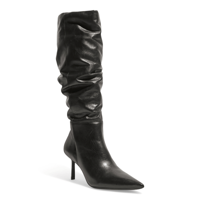 Bota Couro Pelica Cano Alto Preto Salto Fino