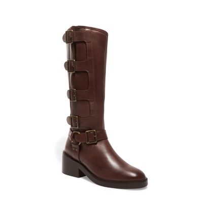 Bota Couro Fivelas Cano Longo Salto Bloco Baixo Marrom Cocoa