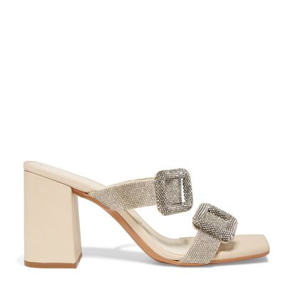 Mule Couro Brilho Salto Bloco Creme