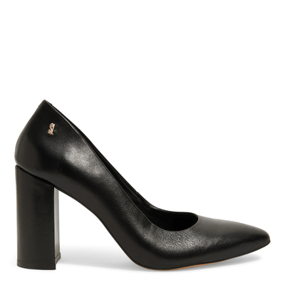Scarpin Preto Couro Salto Grosso Alto