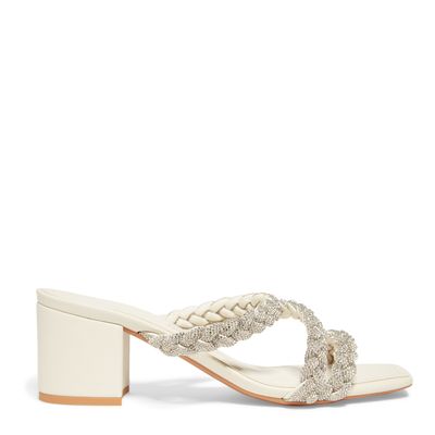 Mule Off White Salto Bloco Tiras Strass Prata