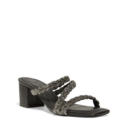 Mule Preto Salto Bloco Tiras Strass