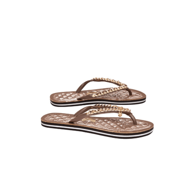 Flip Flop Marrom Corrente Dourada Flat