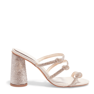 Mule Tiras de Brilho Salto Alto Off White