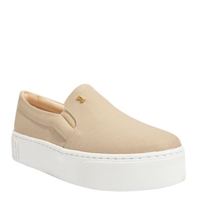 Tênis Slip On Lona Plataforma Canelada Bege
