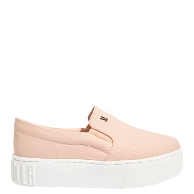 Tênis Slip On Lona Canelada Laranja Pêssego Plataforma