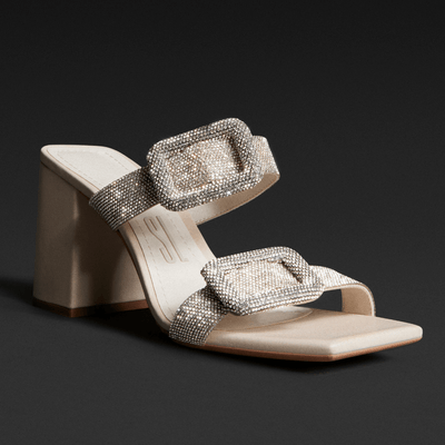 Mule Couro Brilho Salto Bloco Creme