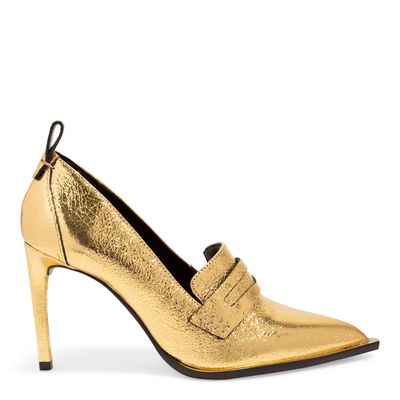 Scarpin Couro Craquele Metalizado Dourado Salto Alto Fino