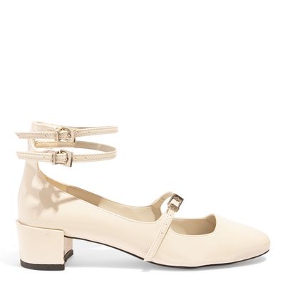 Scarpin Boneca Verniz Salto Bloco Baixo Off White