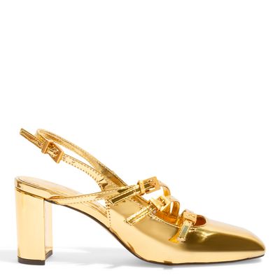 Scarpin Boneca Dourado Specchio Tiras Salto Grosso