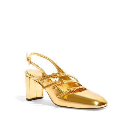 Scarpin Boneca Dourado Specchio Tiras Salto Grosso