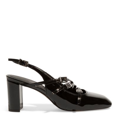 Scarpin Boneca Preto Tiras Salto Grosso