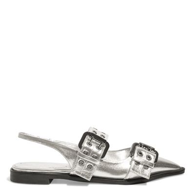 Sapatilha Slingback Fivelas Couro Prata