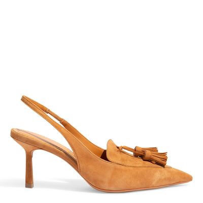 Scarpin Slingback Couro Camurça Caramelo Salto Médio