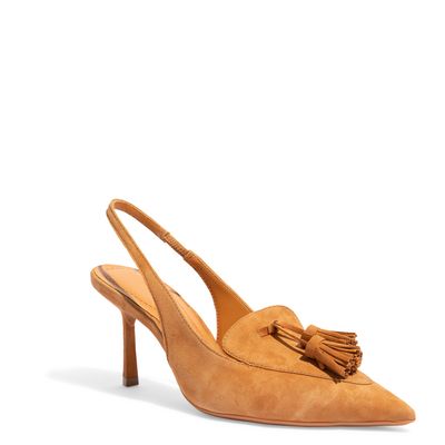 Scarpin Slingback Couro Camurça Caramelo Salto Médio