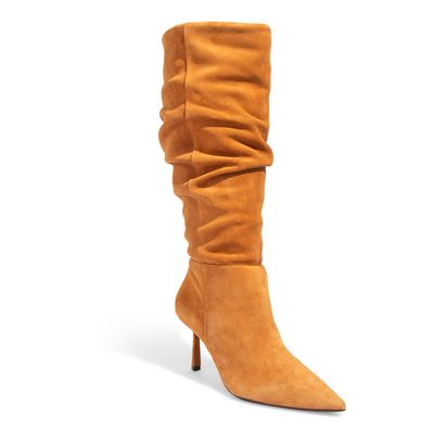 Bota Couro Camurça Caramelo Salto Fino Médio