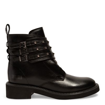 Bota Coturno Couro Preta Tira Spike Salto Bloco Baixo