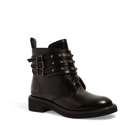 Bota Coturno Couro Preta Tira Spike Salto Bloco Baixo
