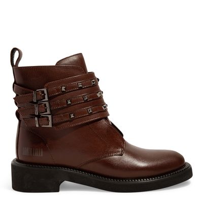 Bota Coturno Couro Marrom Tira Spike Salto Bloco Baixo