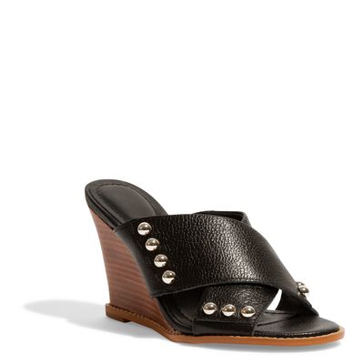 Mule Couro Floater Preto Salto Anabela Tiras Cruzadas