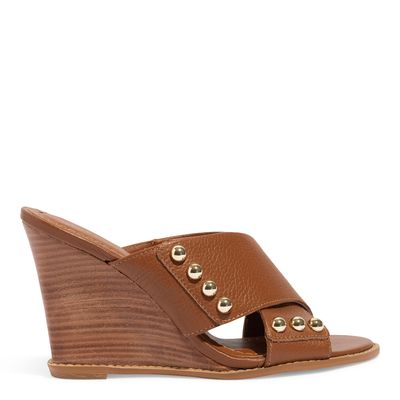 Mule Couro Floater Marrom Salto Anabela Tiras Cruzadas